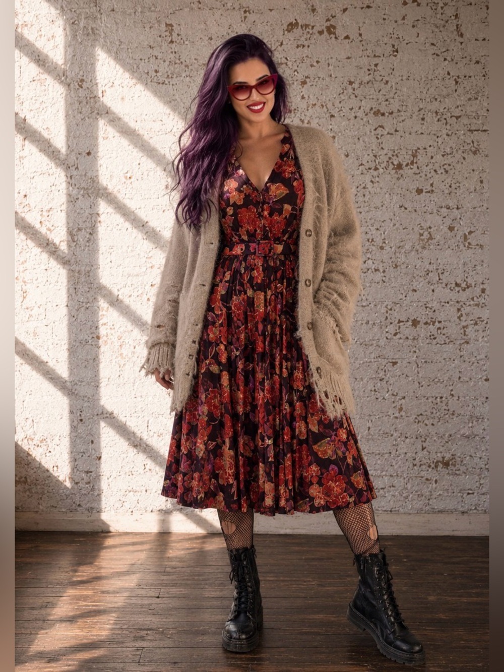 Vintage 90s Whimsigoth Floral Belted Midi Dress Plus Size 14
